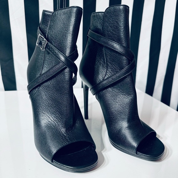 SAINT LAURENT Paris Black Leather Peep Toe Platform Heeled Ankle Booties - Picture 3 of 8